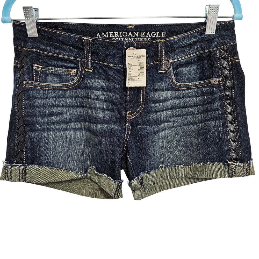 American Eagle NWT Denim Shorts Womens Dark Wash Braided Side Trim Frayed Hem 4